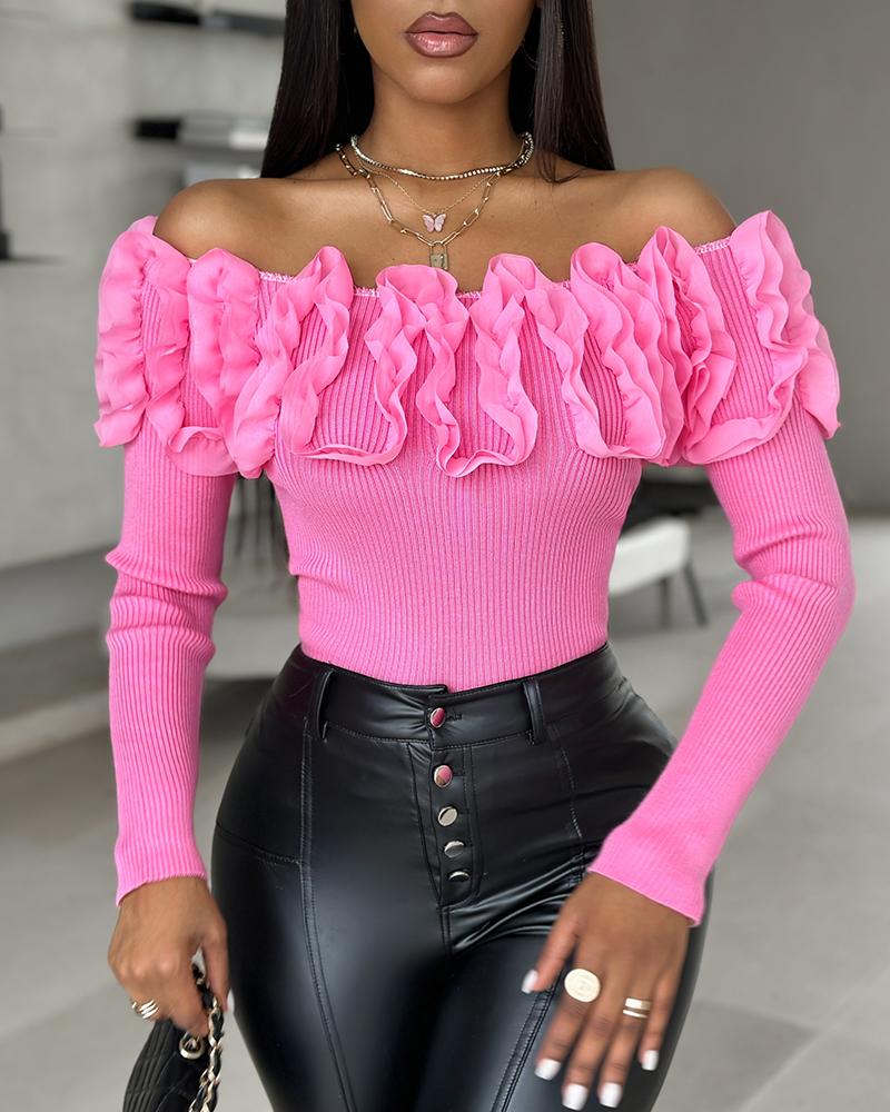 

Suéter de malha de manga comprida com padrão floral de renda, Pink