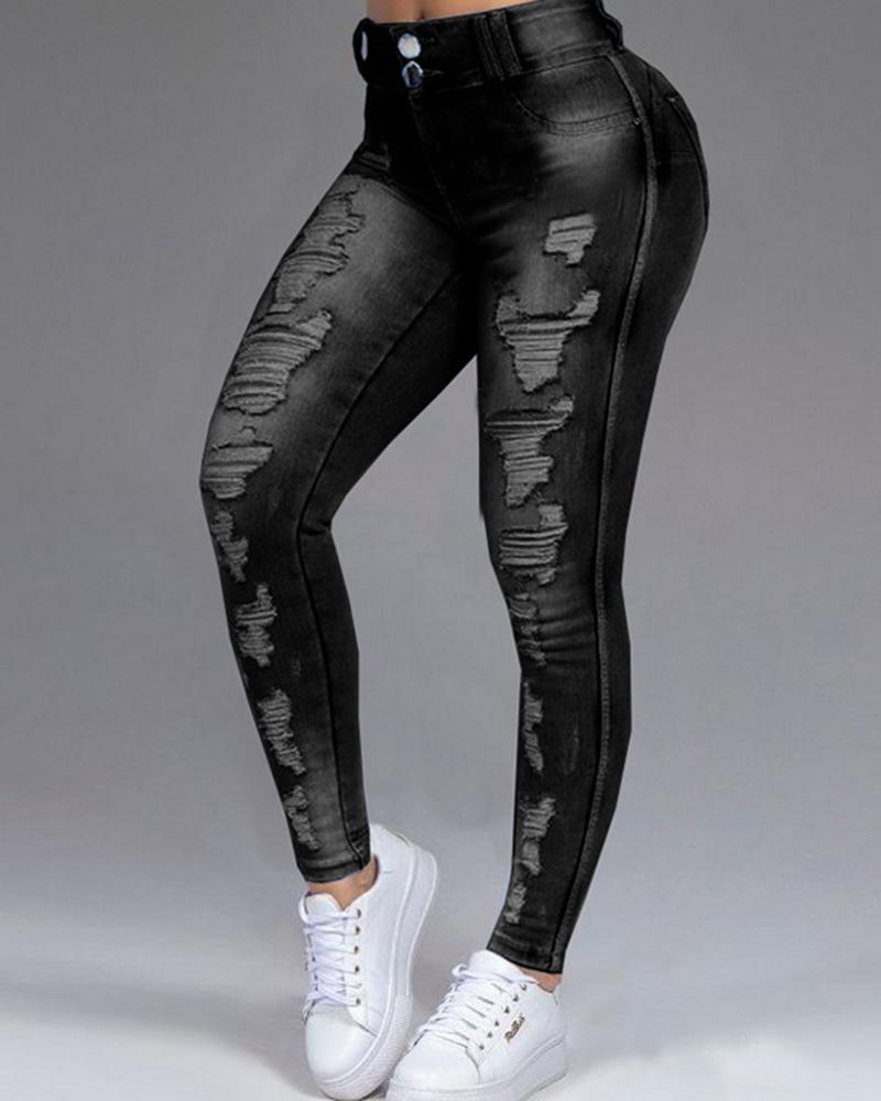 

Colorblock Ripped High Waist Jeans, Black