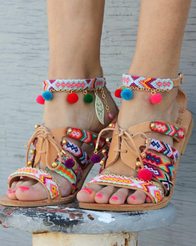 

Ethnic Style Pom Pom Lace-up Casual Flat Sandals, Multicolor