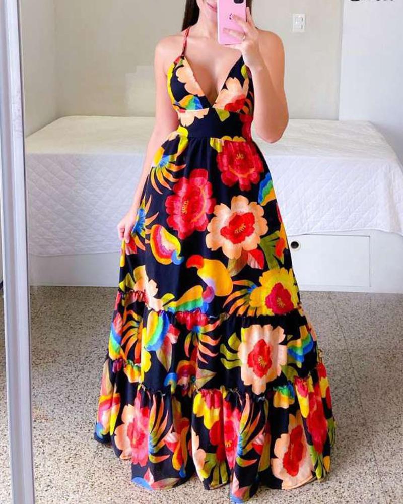 

Floral Print Ruffle Hem Cami Maxi Dress, Multicolor