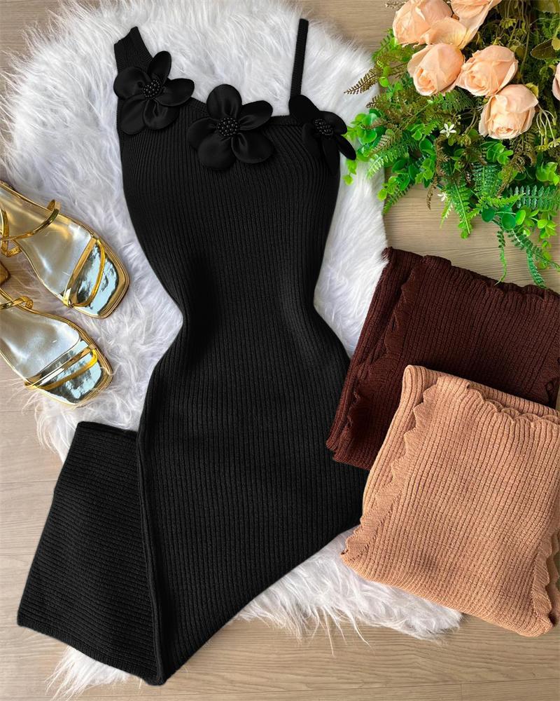 

Floral Pattern Sleeveless Beaded Knit Bodycon Dress, Black
