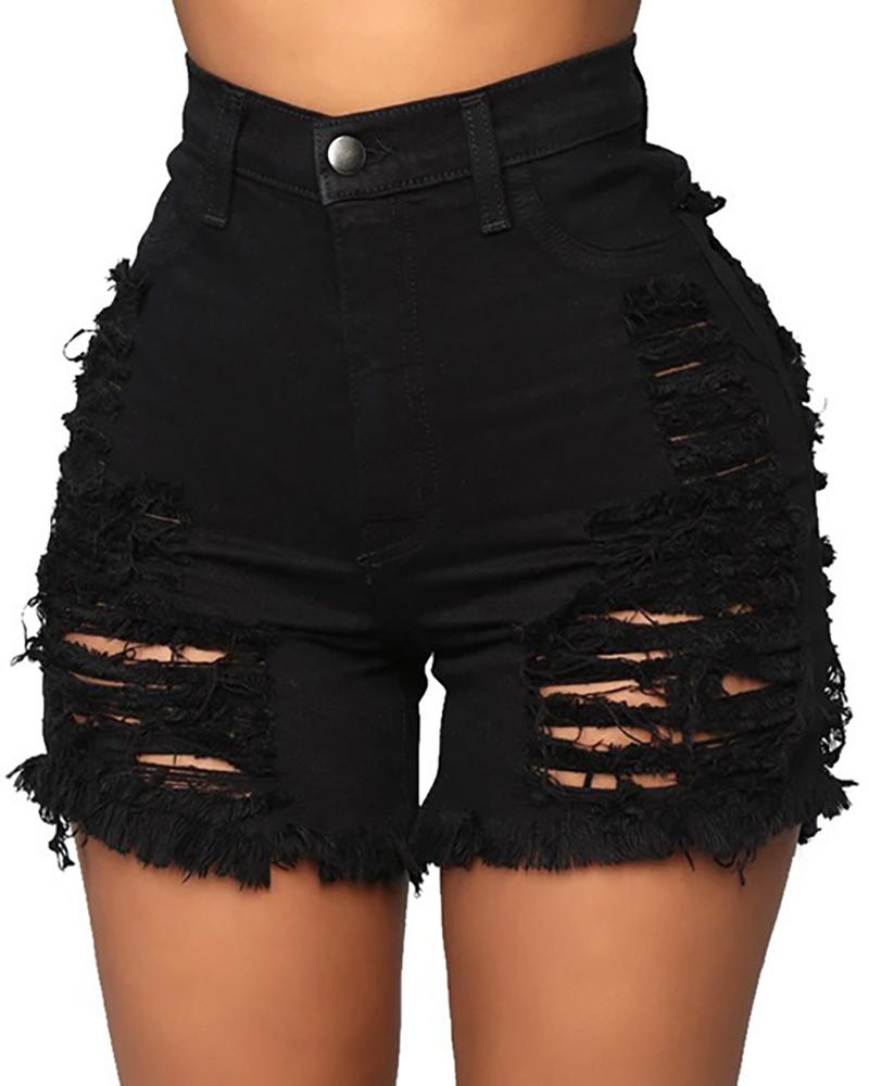 

Fringe Ripped High Waist Denim Shorts, Black