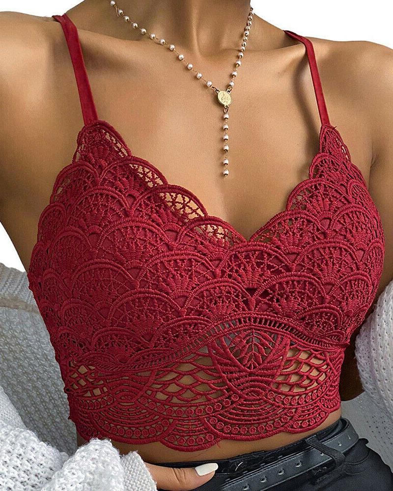 

Lace Trim Spaghetti Strap Criss Cross Bralette, Wine red