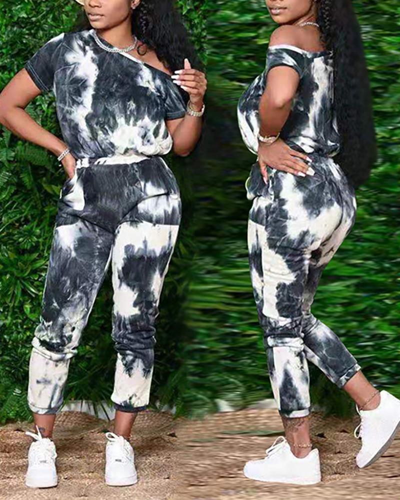 

Tie Dye Short Sleeve Loose T-shirts With Sweatpants Suit Sets, Style1