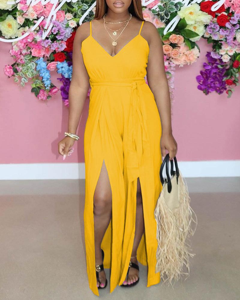 

Spaghetti Strap Split Front Belted Jumpsuit, Yellow