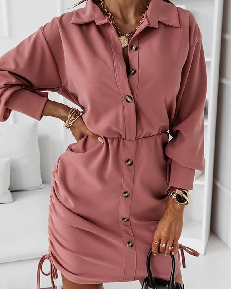 

Drawstring Ruched Drop Shoulder Button Front Shirt Dress, Pink