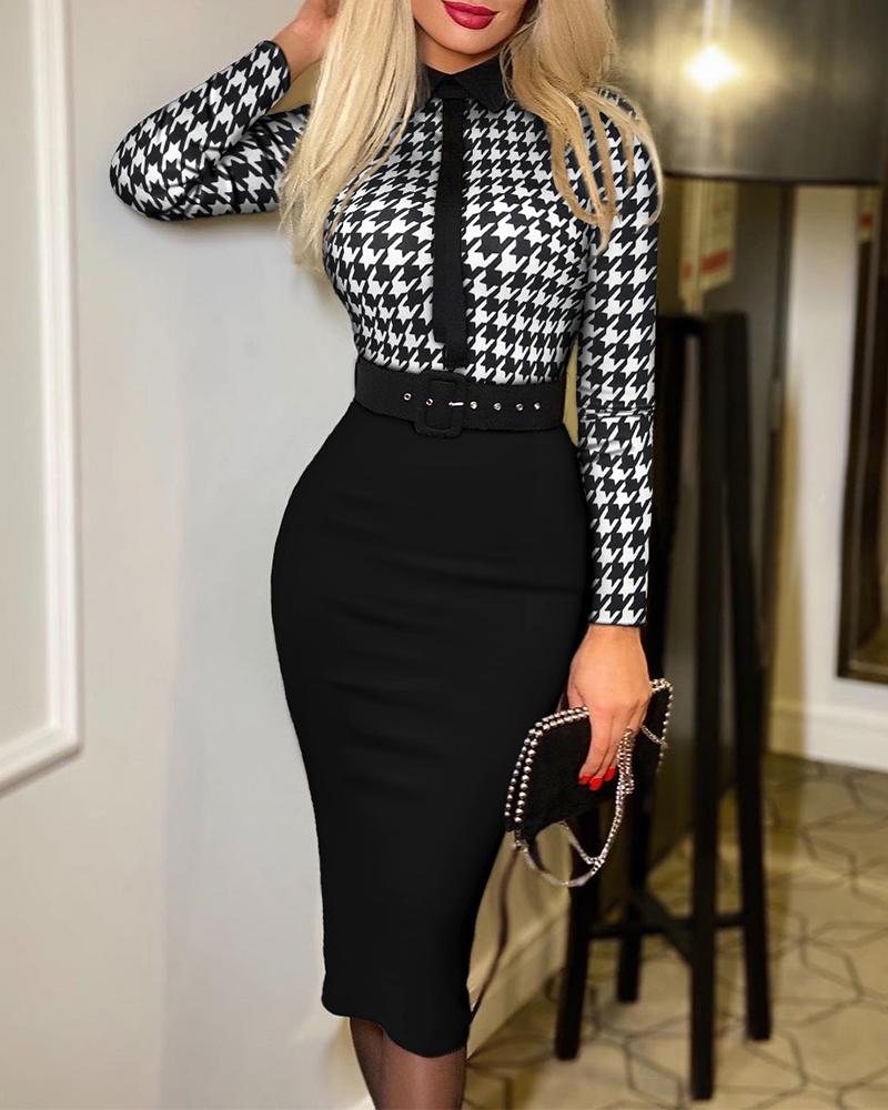 

Houndstooth Print Long Sleeve Tie Detail Work Dress With Belt, Black&white