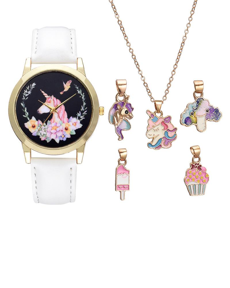

Animal Floral Pattern PU Leather Strap Quartz Watch & Bracelet Set, White