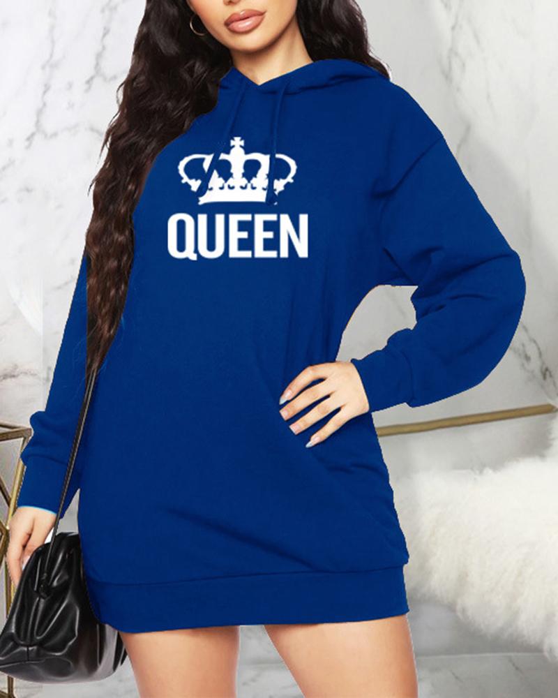 

Crown Letter Print Long Sleeve Hooded Dress, Blue