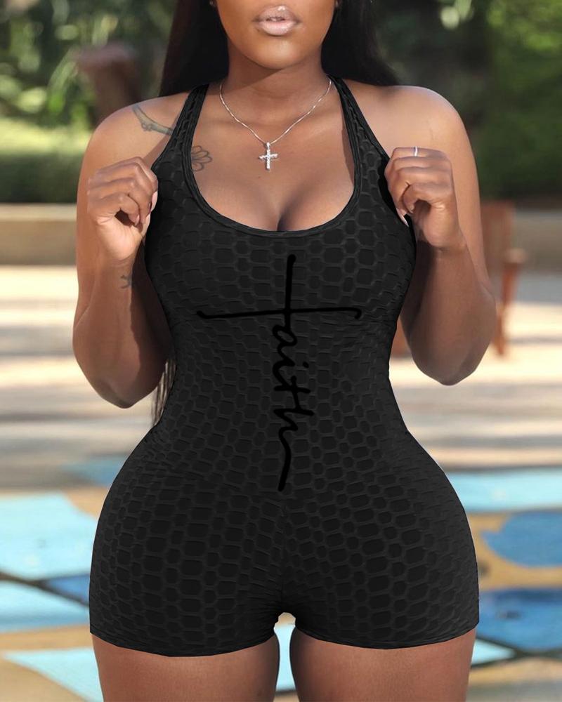 

Letter Print Textured U-Neck Active Romper, Black