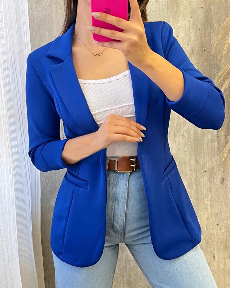 

Notched Collar Fake Pocket Blazer Coat, Blue