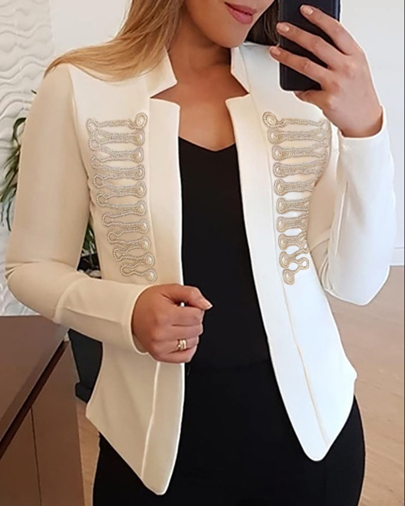 

Pearls Decor Open Front Long Sleeve Blazer Coat, White