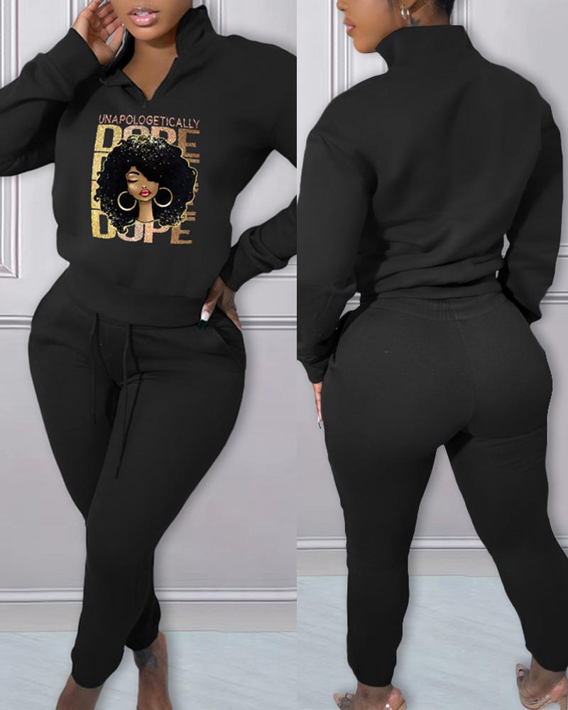 

Figure Letter Print Casual Top & Drawstring Pants Set, Black