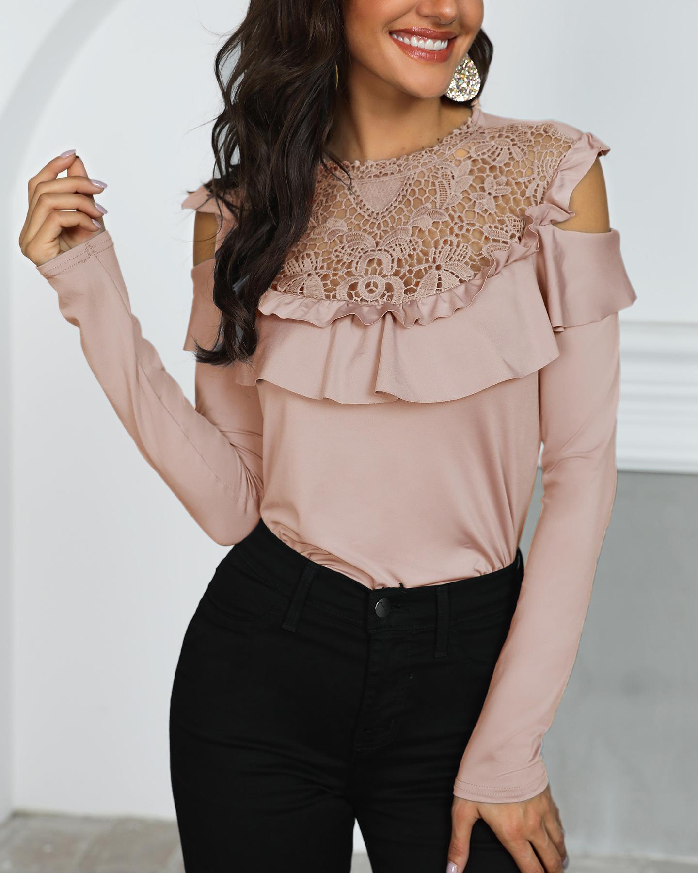 

Crochet Lace Frills Open Shoulder Blouse, Pink