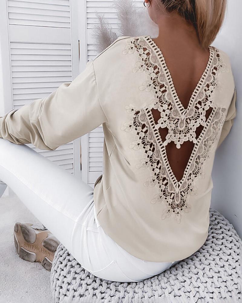 

Guipure Lace Patch Backless Long Sleeve Top, Apricot