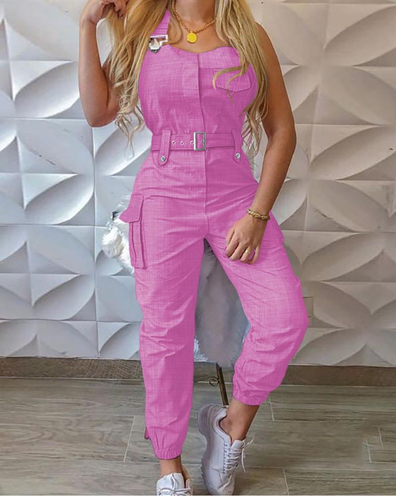 

Pocket Design Cargo Suspender Jumpsuit, Hot pink