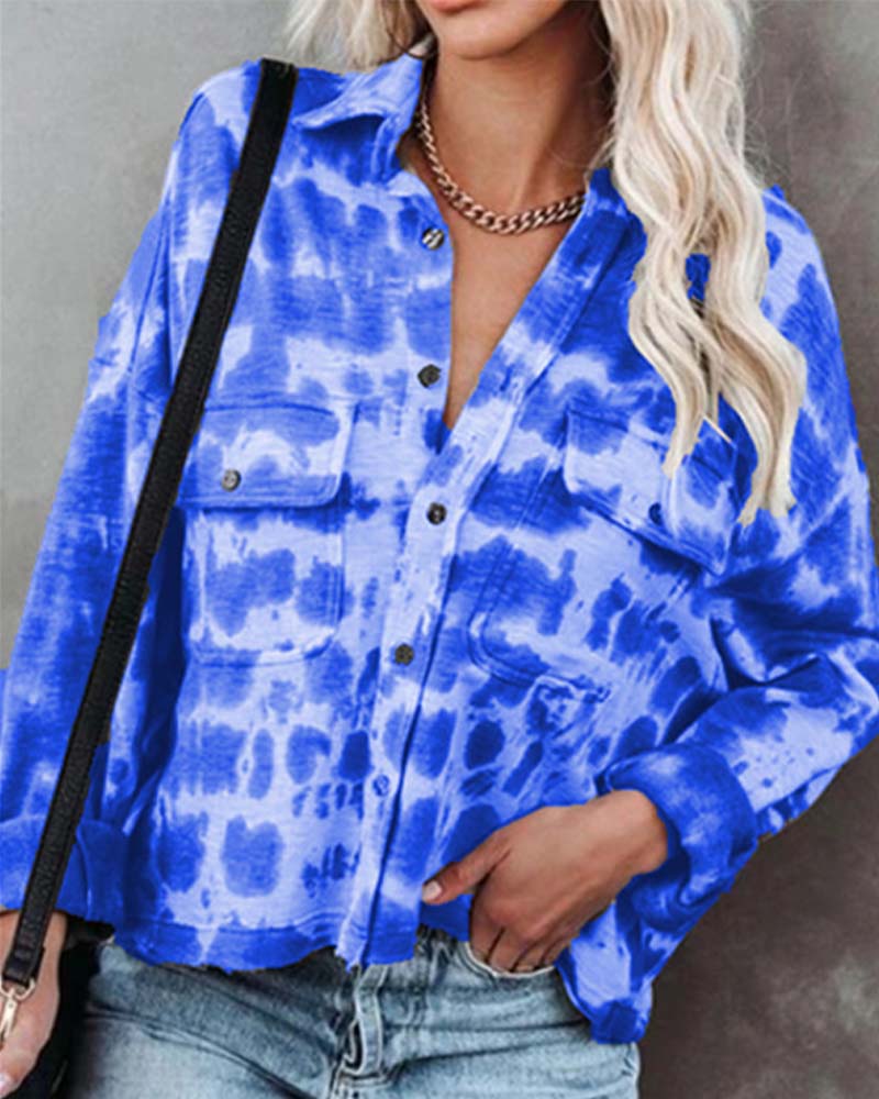 

Tie Dye Flap Detail Drop Shoulder Button Up Shirt, Blue