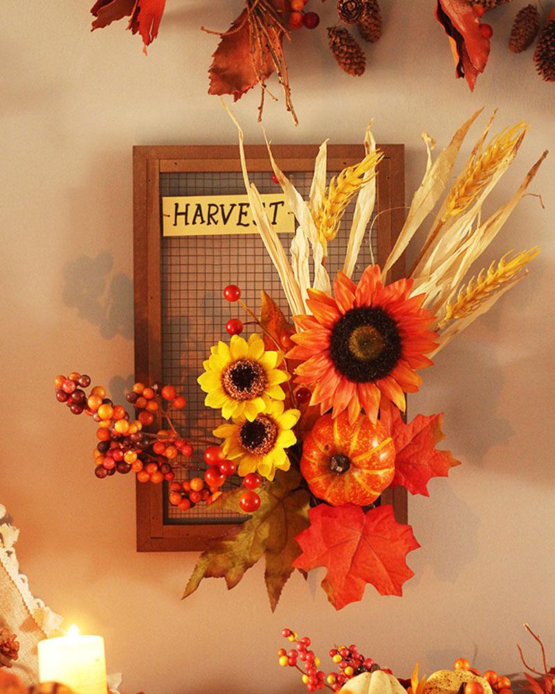 

Artificial Sunflower Pumpkin Wreath Wall Hanging Photo Frame Garland Fall Wreath For Halloween Autumn Harvest Holiday Decor, Orange