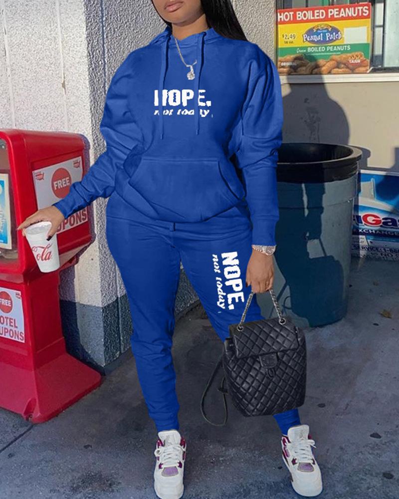 

Letter Print Pocket Design Hooded Sweatshirt & Pants Set, Blue