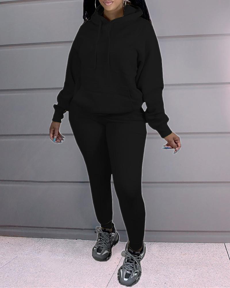

Pocket Design Long Sleeve Hooded Sweatshirt & Pants Set, Black