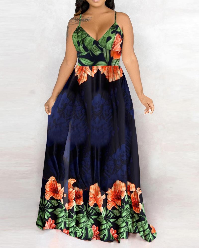 

Cami V-neck Sleeveless Floral Print Slit Maxi Dress, Purplish blue