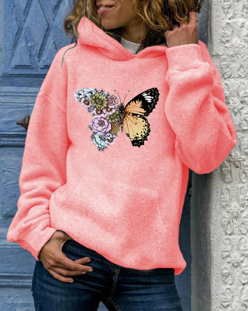 

Butterfly Print Pocket Design Hooded Top, Pink