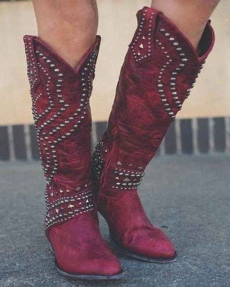 

Studded Chunky Heel Calf Cowboy Boots, Red