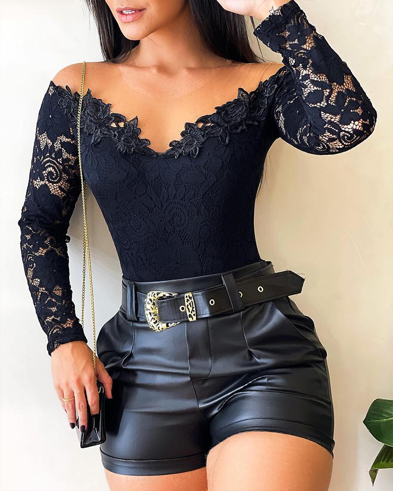 

Long Sleeve V-Neck Lace Bodysuit, Black