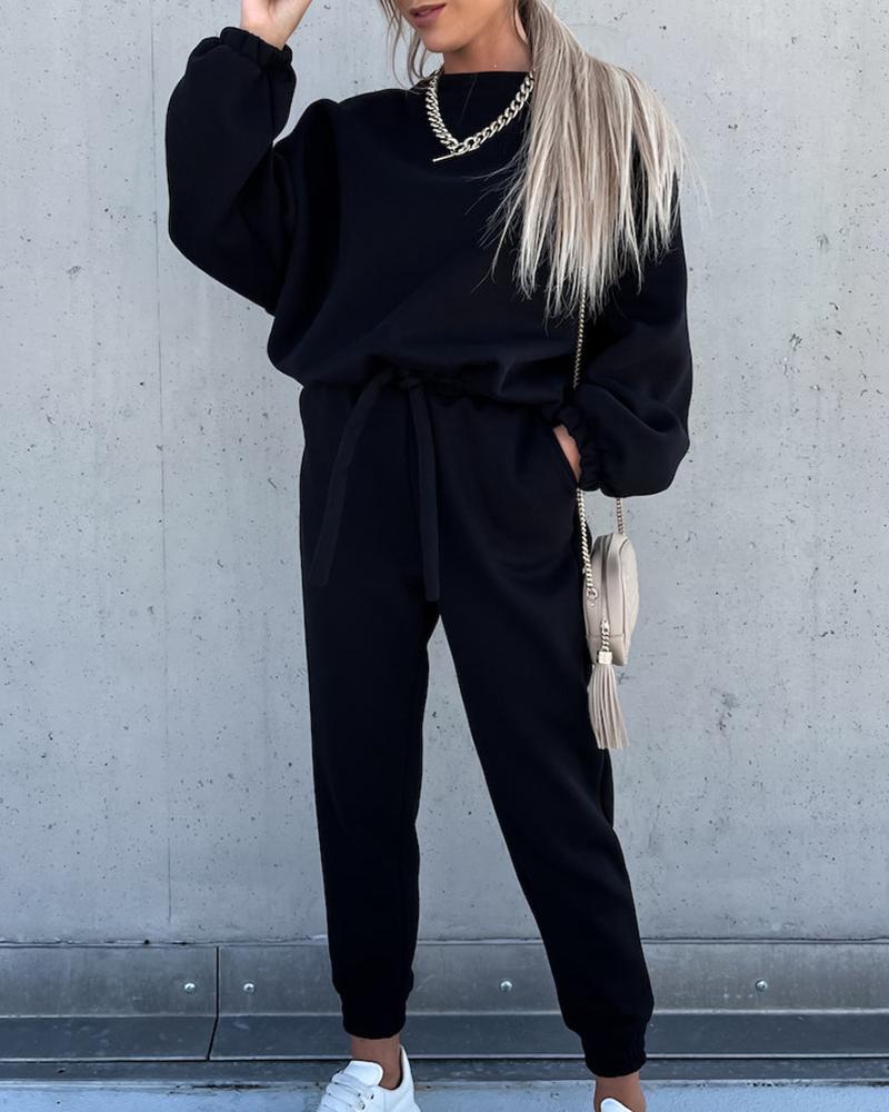 

O Neck Long Sleeve Drawstring Top & High Waist Pants Set, Black