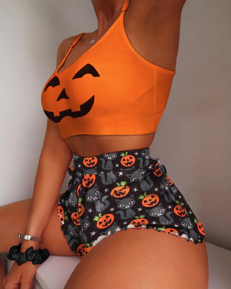 

Halloween Pumpkin Cat Print Cami Set, Orange