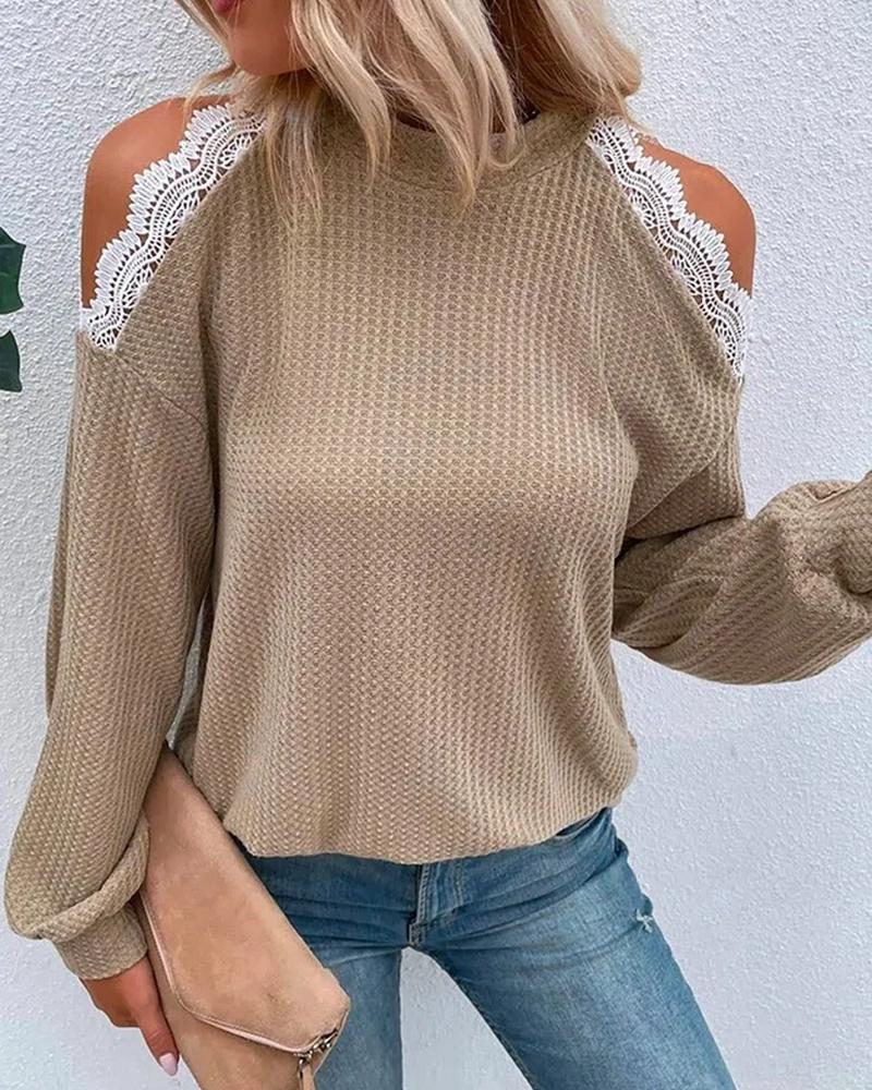 

Contrast Lace Cold Shoulder Top, Khaki