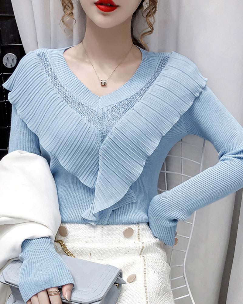 

Long Sleeve Ruffle Hem Knit Top, Blue