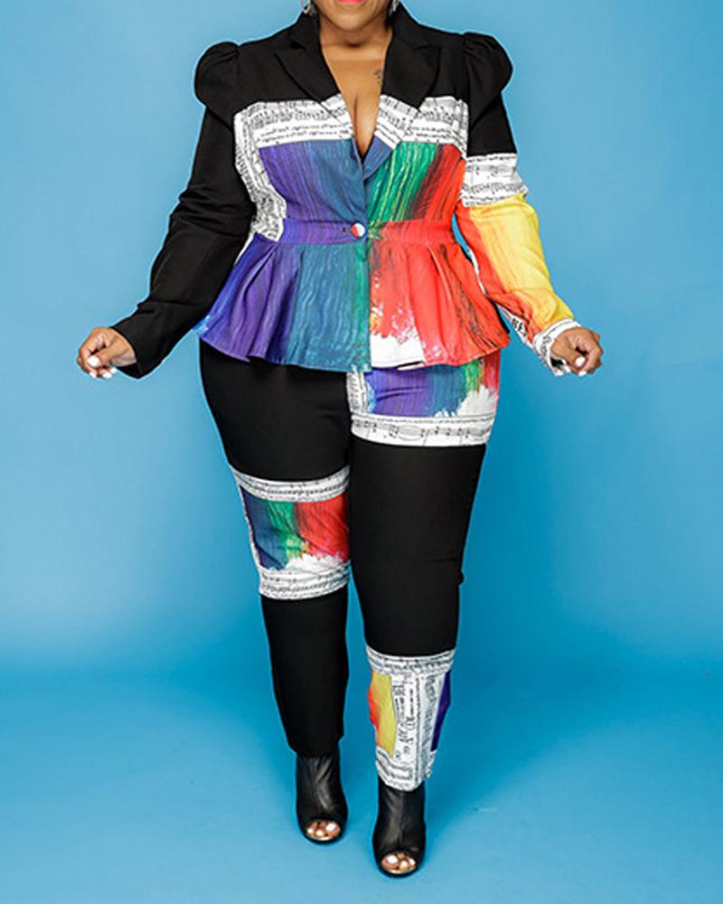 

Plus Size Scarf Print Puff Sleeve Blazer & Pants Set, Black