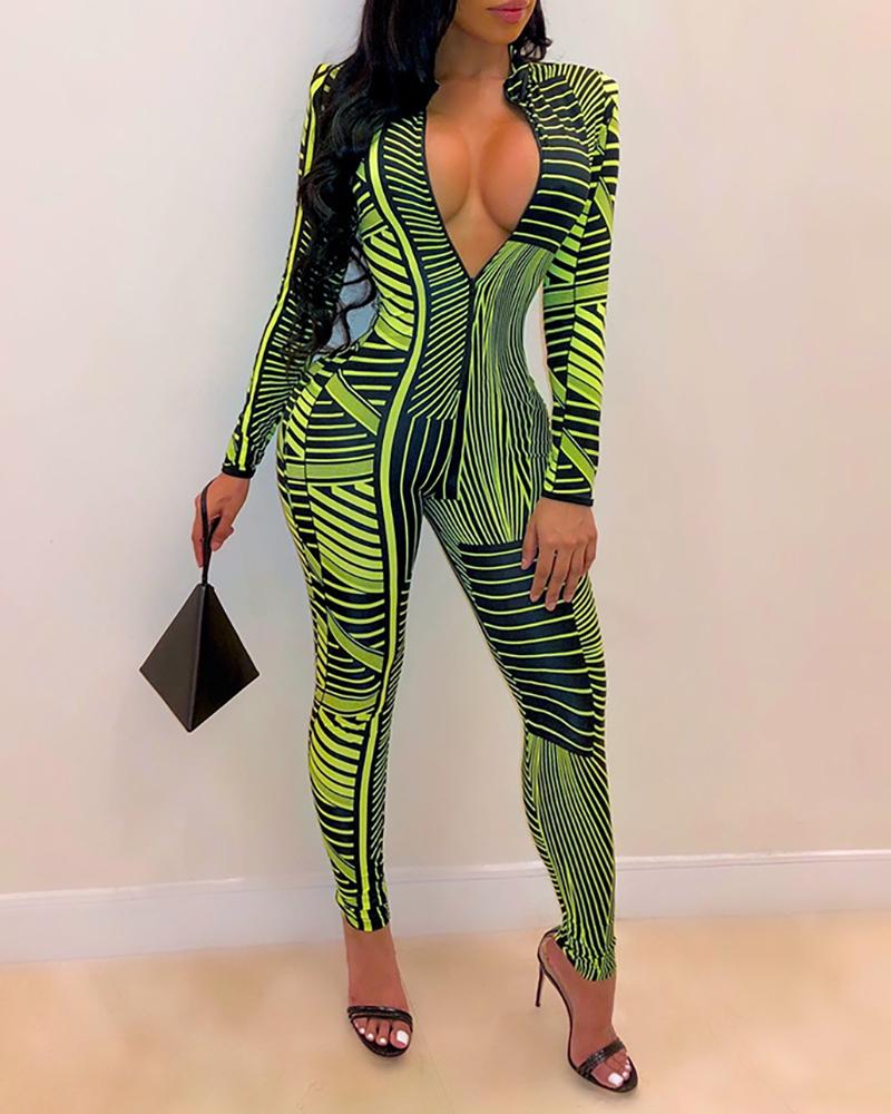 

Striped Plunge Zipper Design Jumpsuit, Green