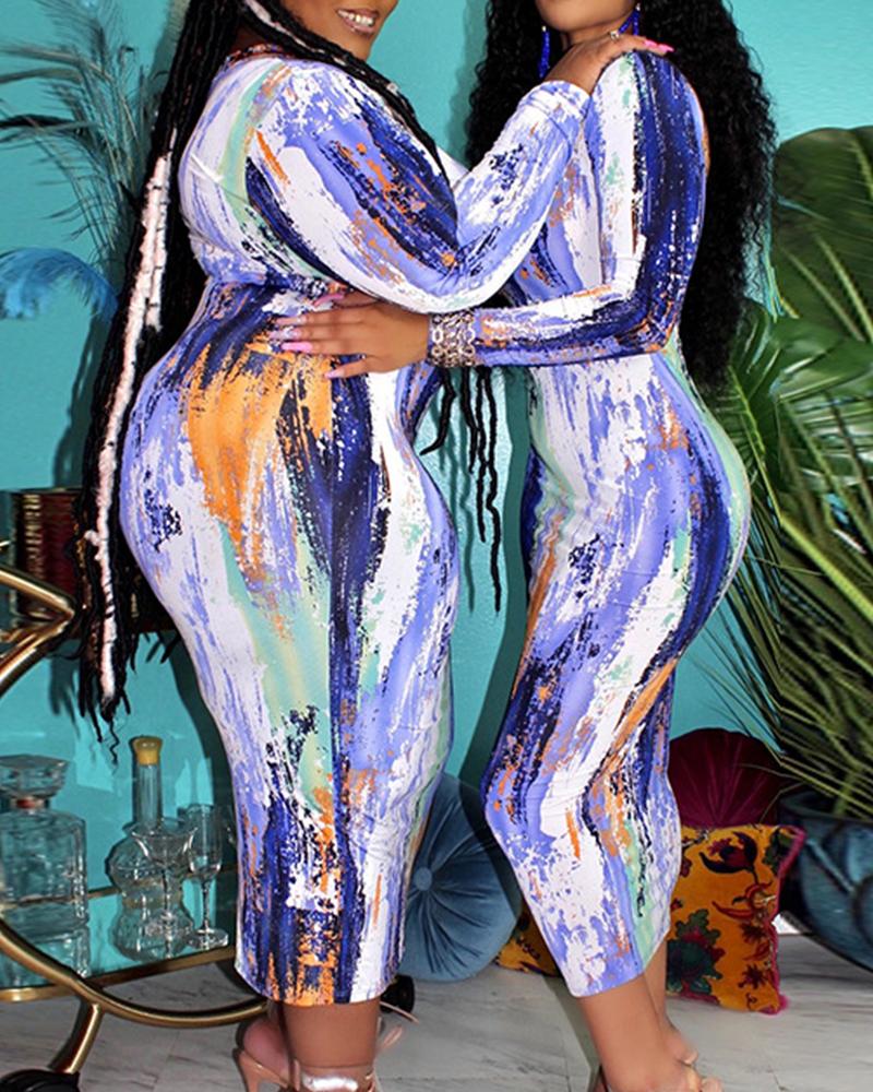 

Abstract Print Long Sleeve Zipper Skinny Dress, Style4