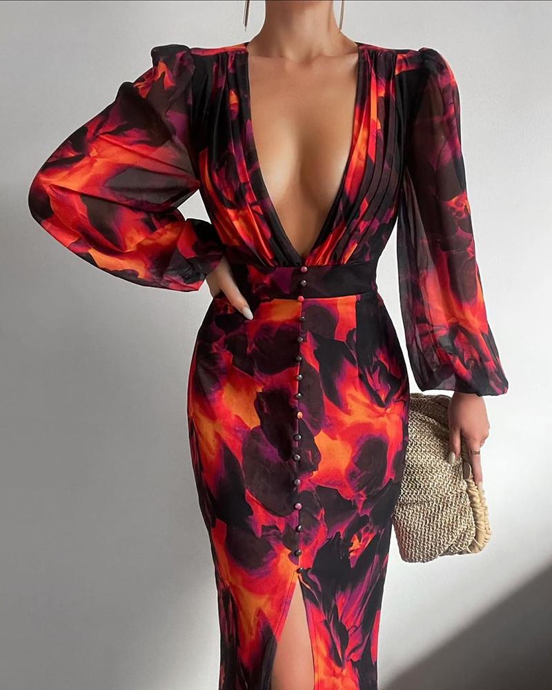 

Buttoned Plunge Puff Lantern Sleeve Abstract Print Dress, Red