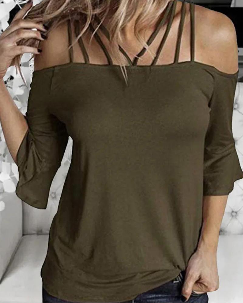 

Multi-Strap Design Bell Sleeve Cold Shoulder Top, Green