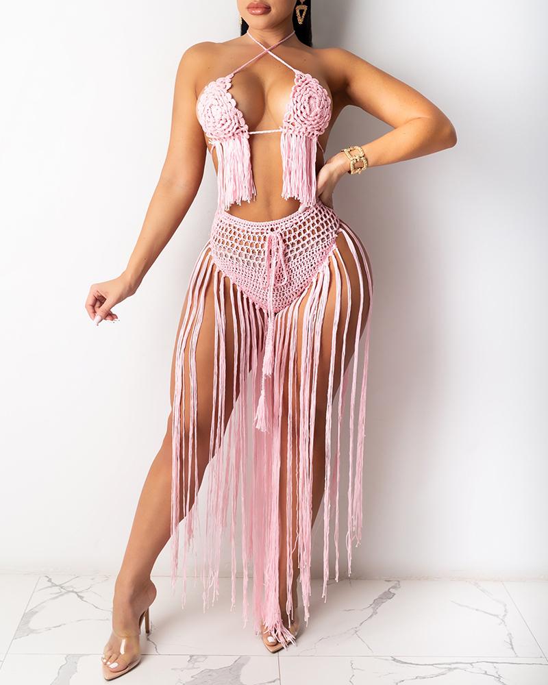 

Braided Tassel Design Cutout Crochet Cover Up Set, Pink