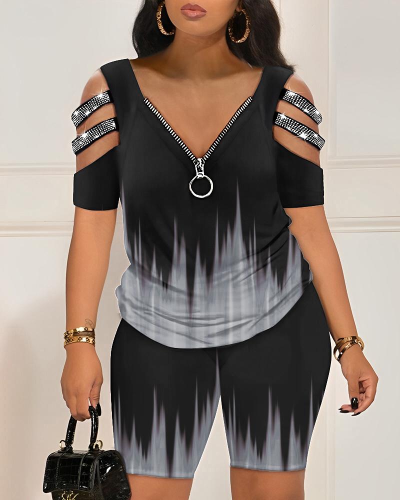

Abstract Print Colorblock Cold Shoulder Top & Shorts Set, Gray