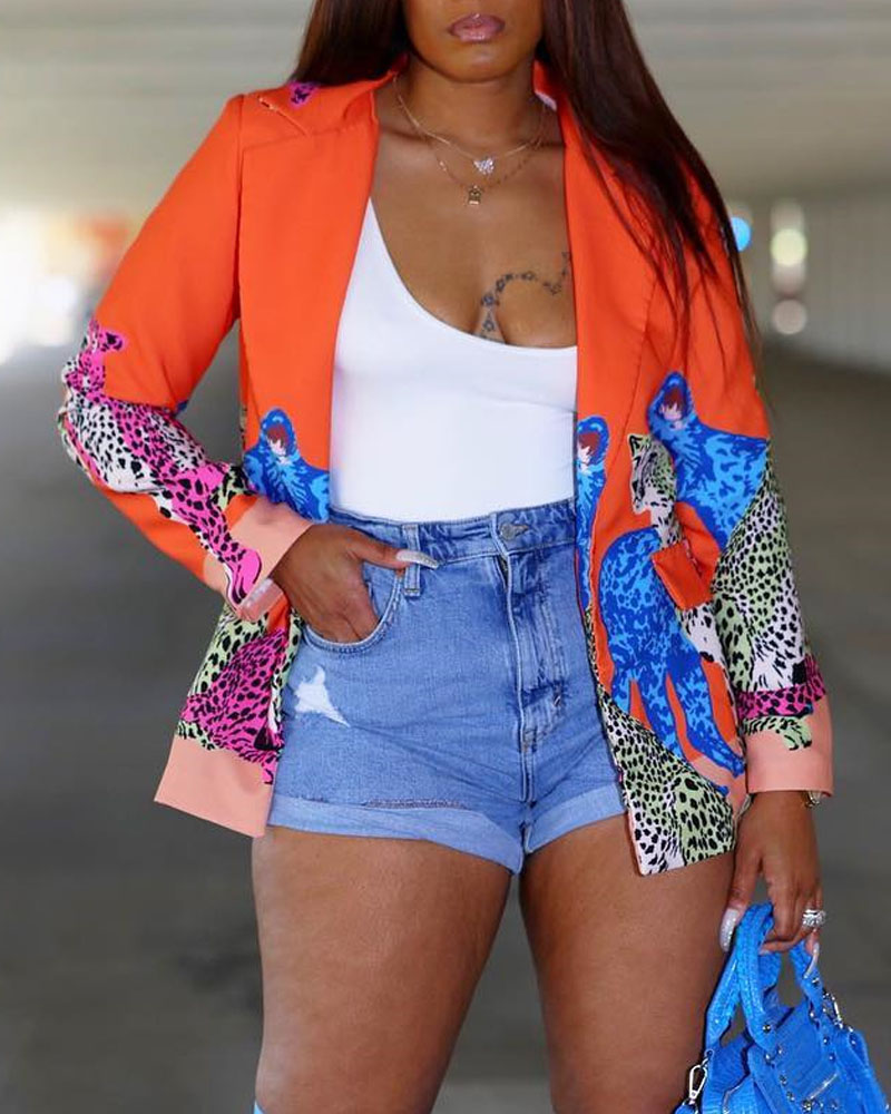 

Leopard Print Lapel Collar Long Sleeve Blazer, Orange