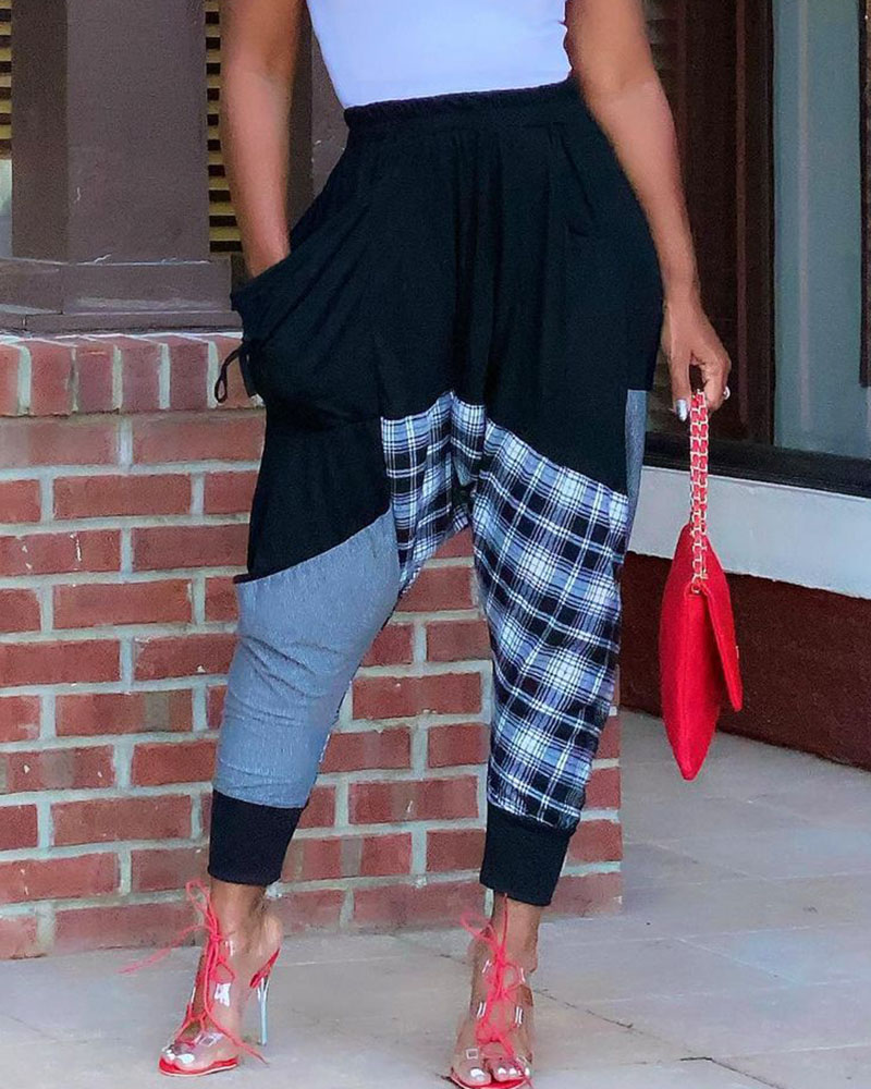 

Plaid Print Colorblock Pocket Design Pants, Black