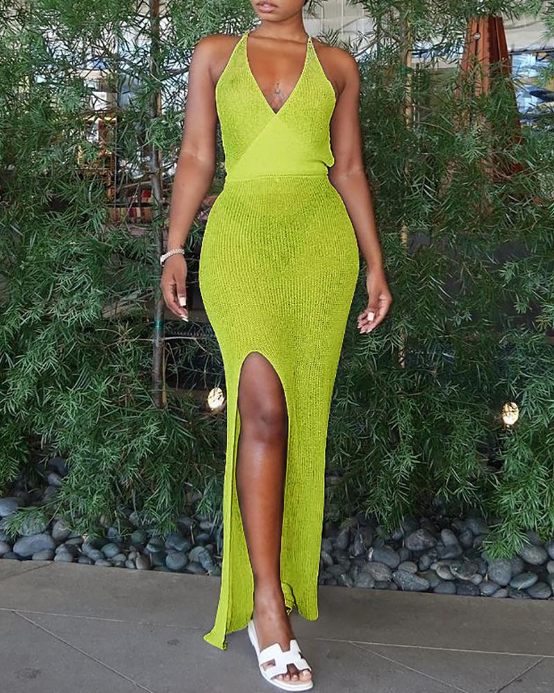 

Halter Backless High Slit Knit Maxi Dress, Green