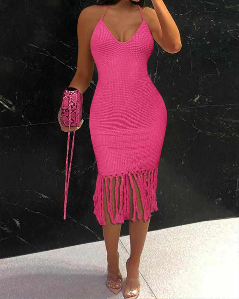 

Waffle Knit Tassel Design Bodycon Dress, Hot pink