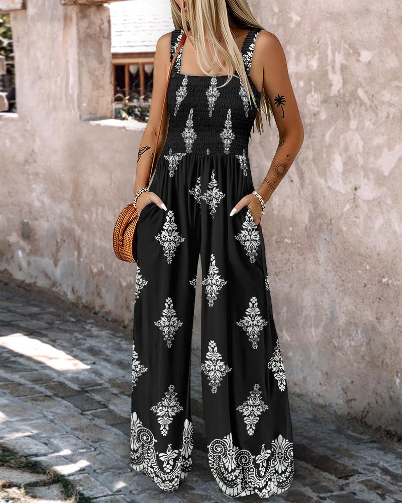 

Graphic Print Square Neck Thick Strap Shirred Jumpsuit Wide Leg Overalls with Pockets, Black