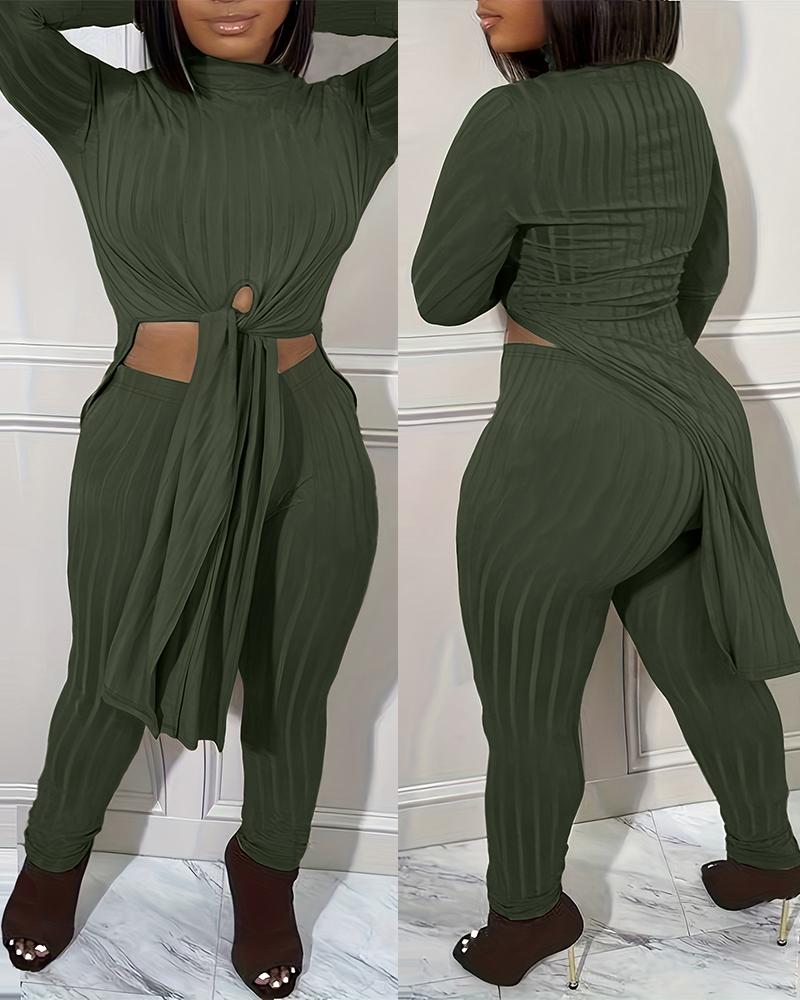 

Plus Size Mock Neck Slit Tied Detail Longline Top & Pants Set, Green