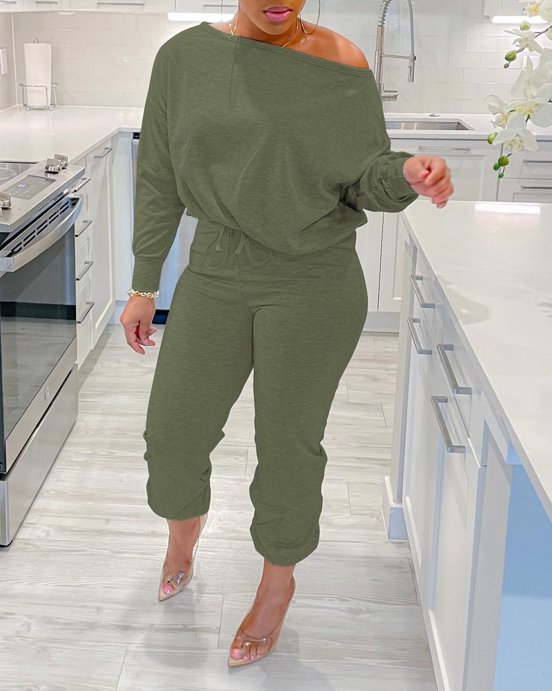 

Skew Neck Top & Drawstring Cuffed Pants Set, Green