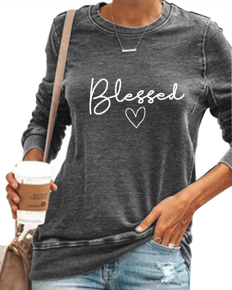 

Letter Print Long Sleeve Top, Gray