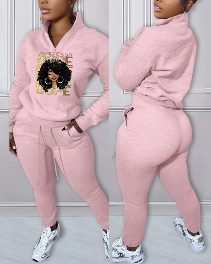 

Figure Letter Print Casual Top & Drawstring Pants Set, Pink