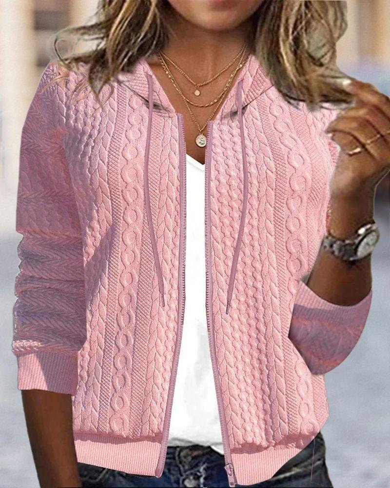 

Plus Size Zipper Design Cable Textured Hoodie, Pink