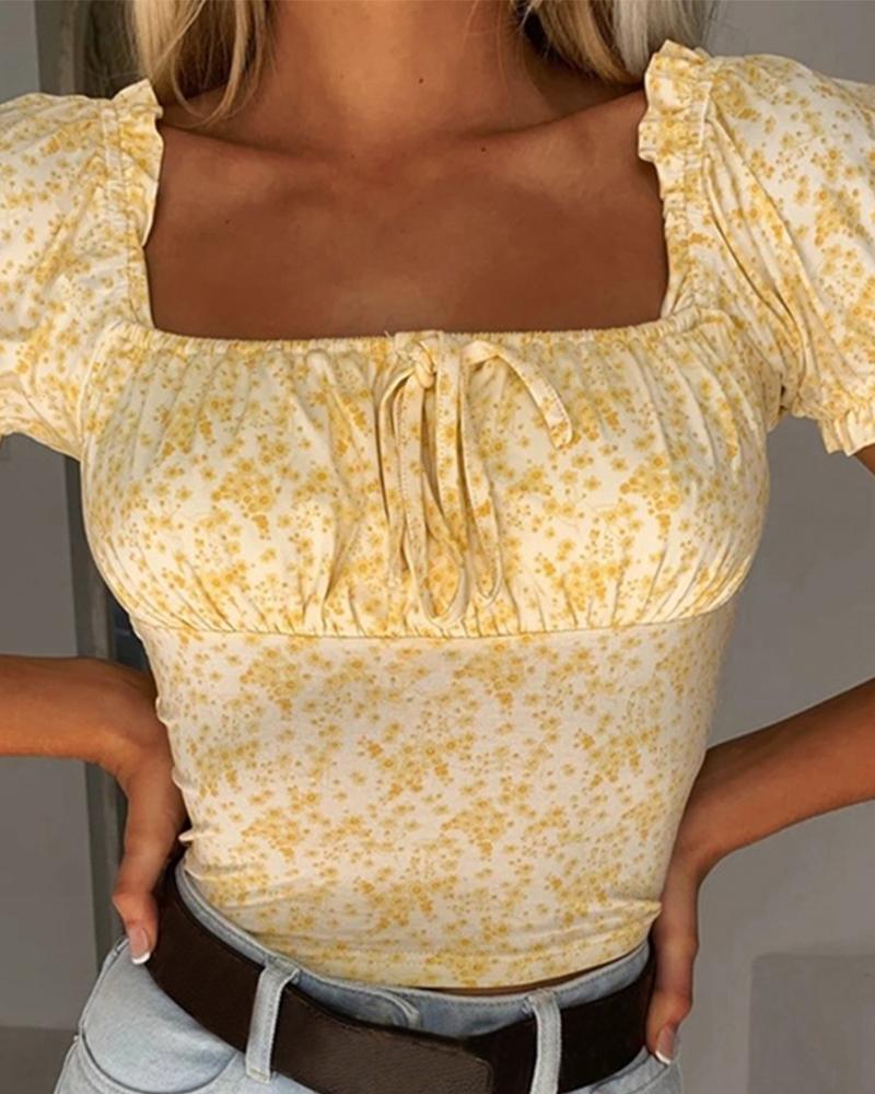 

Solid Color Puff Sleeve Skinny Cropped Top, Yellow